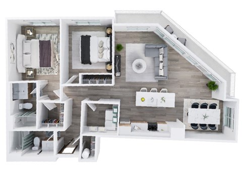 Floor plan for 2 beds, 2 baths, 1038 sqft